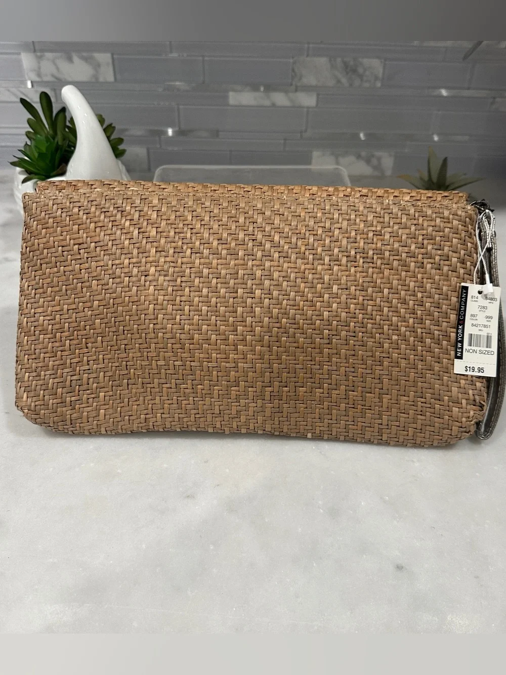 New York & Company Natural Straw Clutch with Multicolor Bead Accents